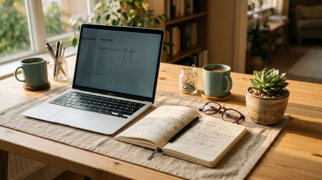 Home Office — Desk & Laptop lifestyle scene illustrating canva playbook guide for beginners for busy parents