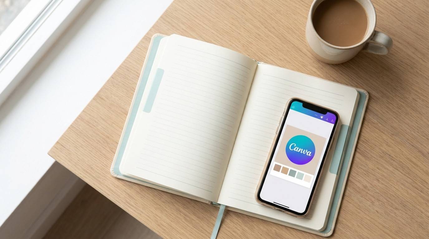 Smartphone showing Canva app with planner and coffee on desk in warm light