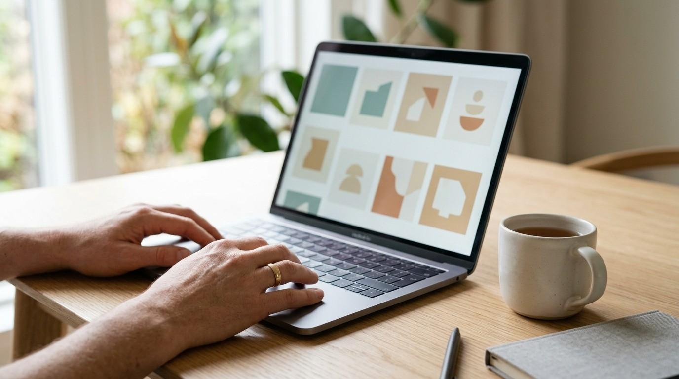 Overhead view of a parent's hands near a laptop displaying a consistent grid layout of blank templates, showing canva shortcuts for busy moms.