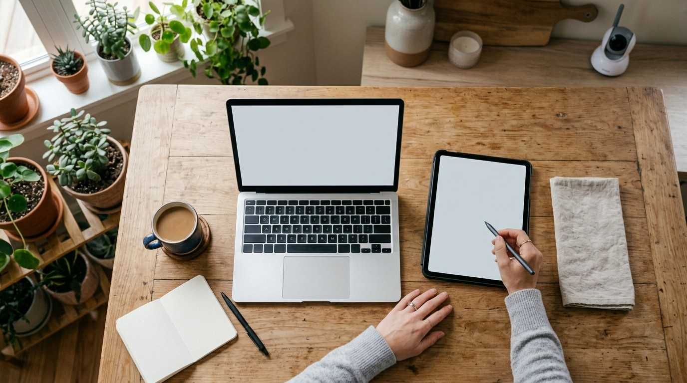 Overhead view of a calm table workspace with a laptop and tablet, showing canva shortcuts for busy moms workflow.