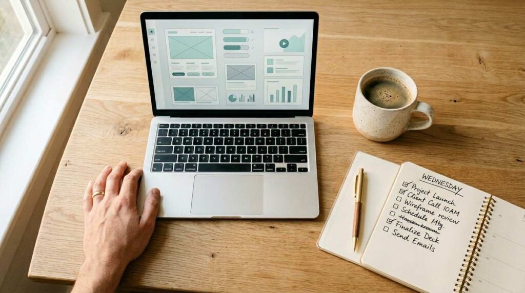 A parent's hand near a laptop and coffee cup on a sunlit table, illustrating canva shortcuts tips for beginners.