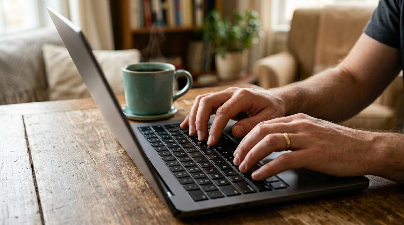 Focused close-up of hands typing on a laptop keyboard during soft window light, representing canva time saving hacks.