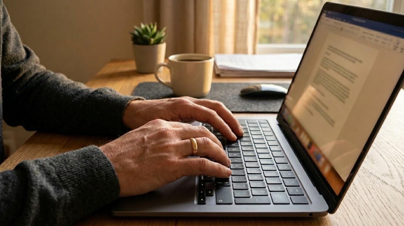 Focused close-up of parent's hands typing on a laptop with soft side lighting, representing canva time saving hacks.
