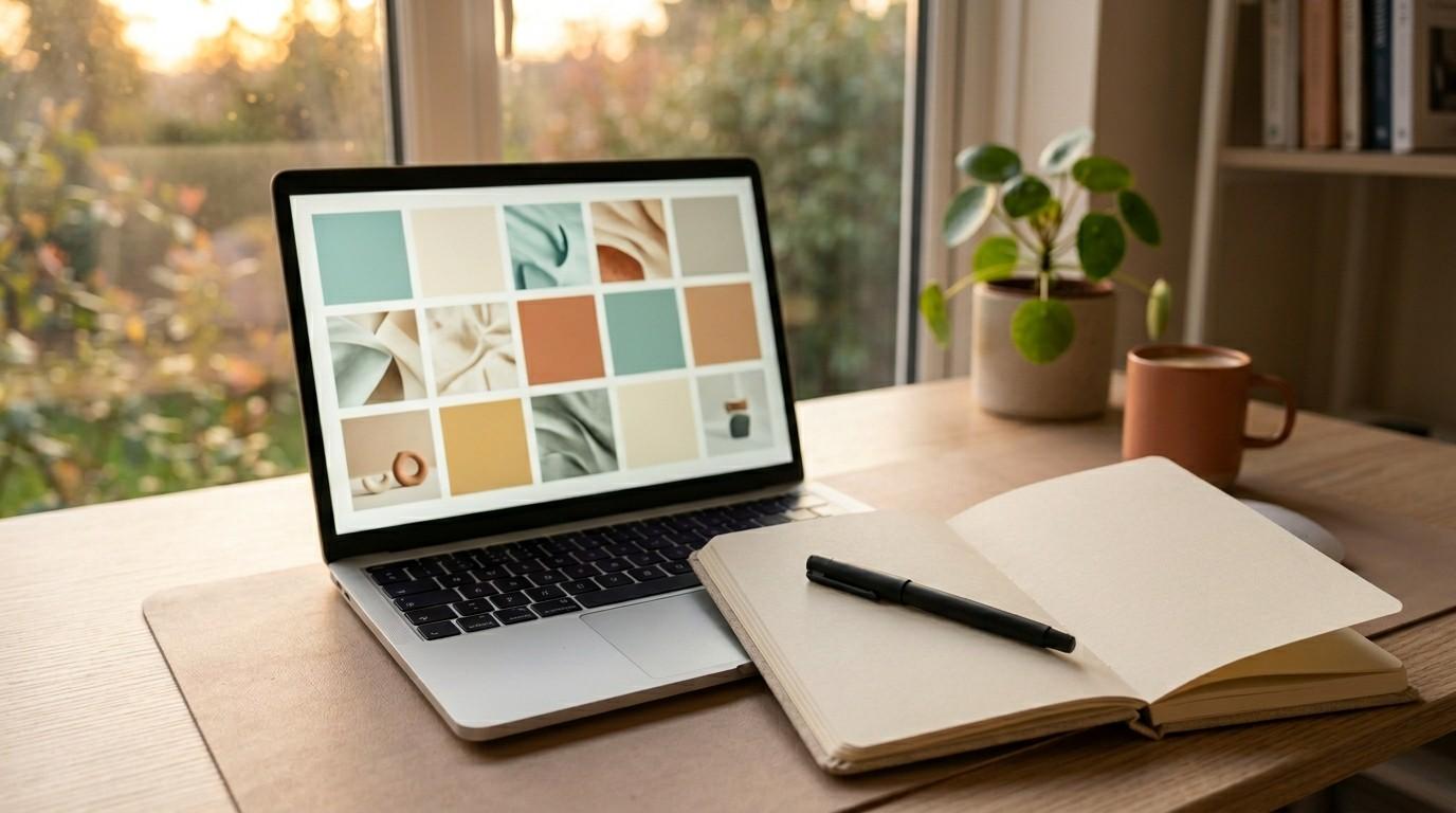A laptop screen displaying a cohesive design grid next to a branding notebook, illustrating canva tips for digital products.
