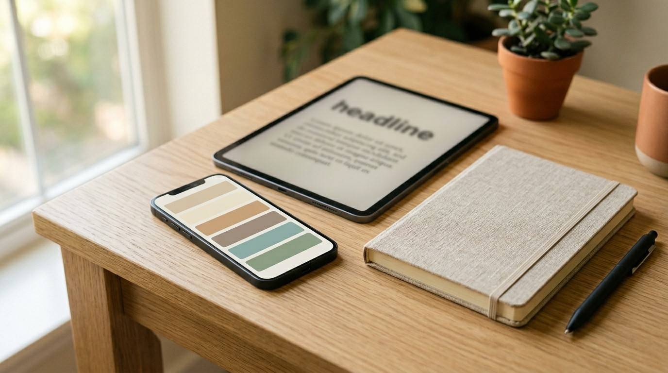 A smartphone displaying a generic color picker next to a tablet showing font pairings on a clean desk, illustrating canva tips for digital products.