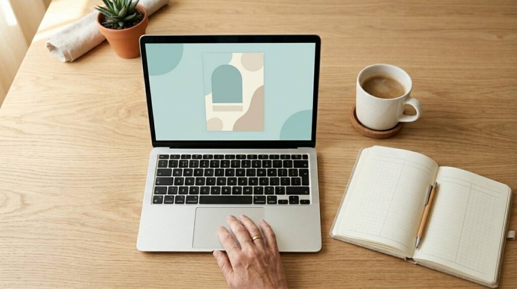 Overhead view of parent's hands on a laptop and a coffee mug on a table in natural light, representing designing covers in Canva.