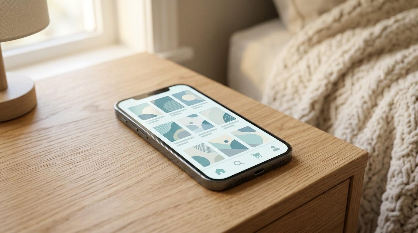 Close-up of a smartphone on a nightstand displaying a digital shop grid in soft window light, representing faceless automated sales.