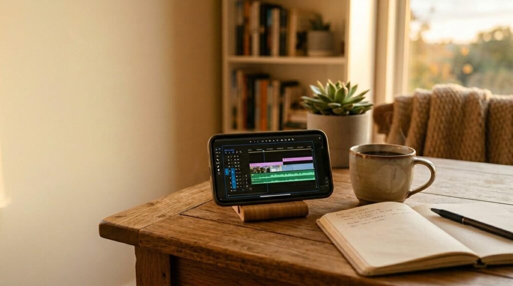 A modern smartphone displaying a generic video editing timeline interface in a sunlit cozy home office.