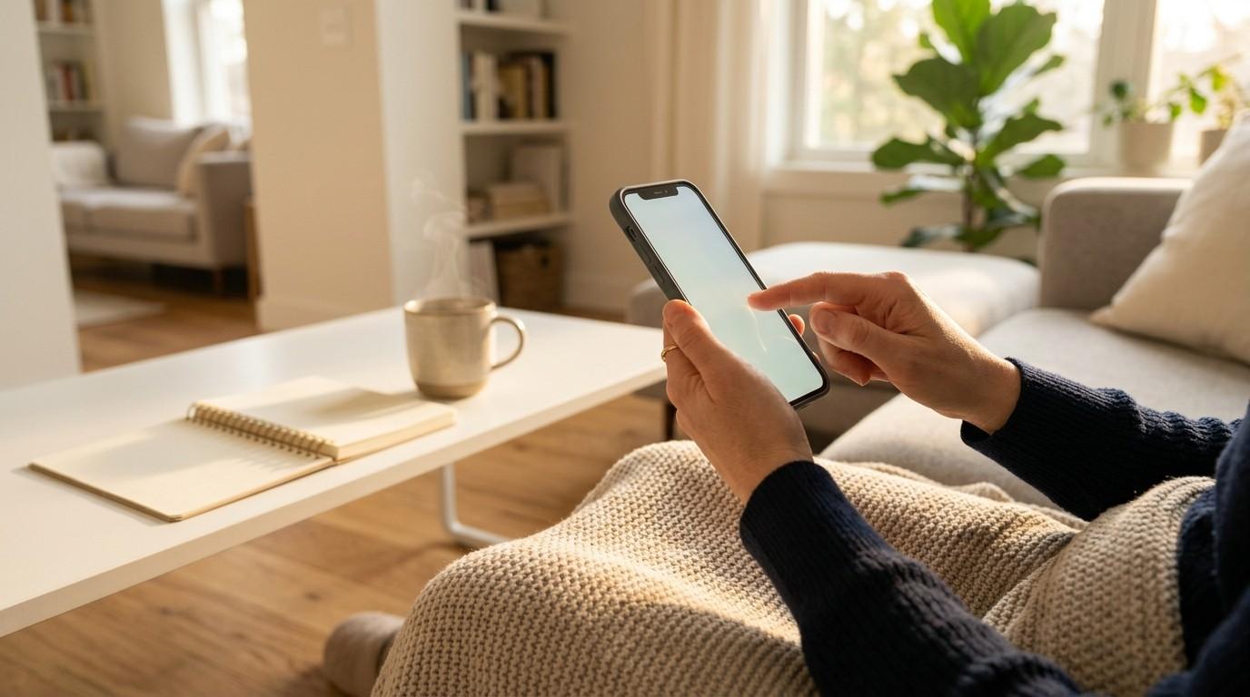Relaxed living room shot focusing on a parent holding a phone, hinting at faceless tiktok for beginners monetization.