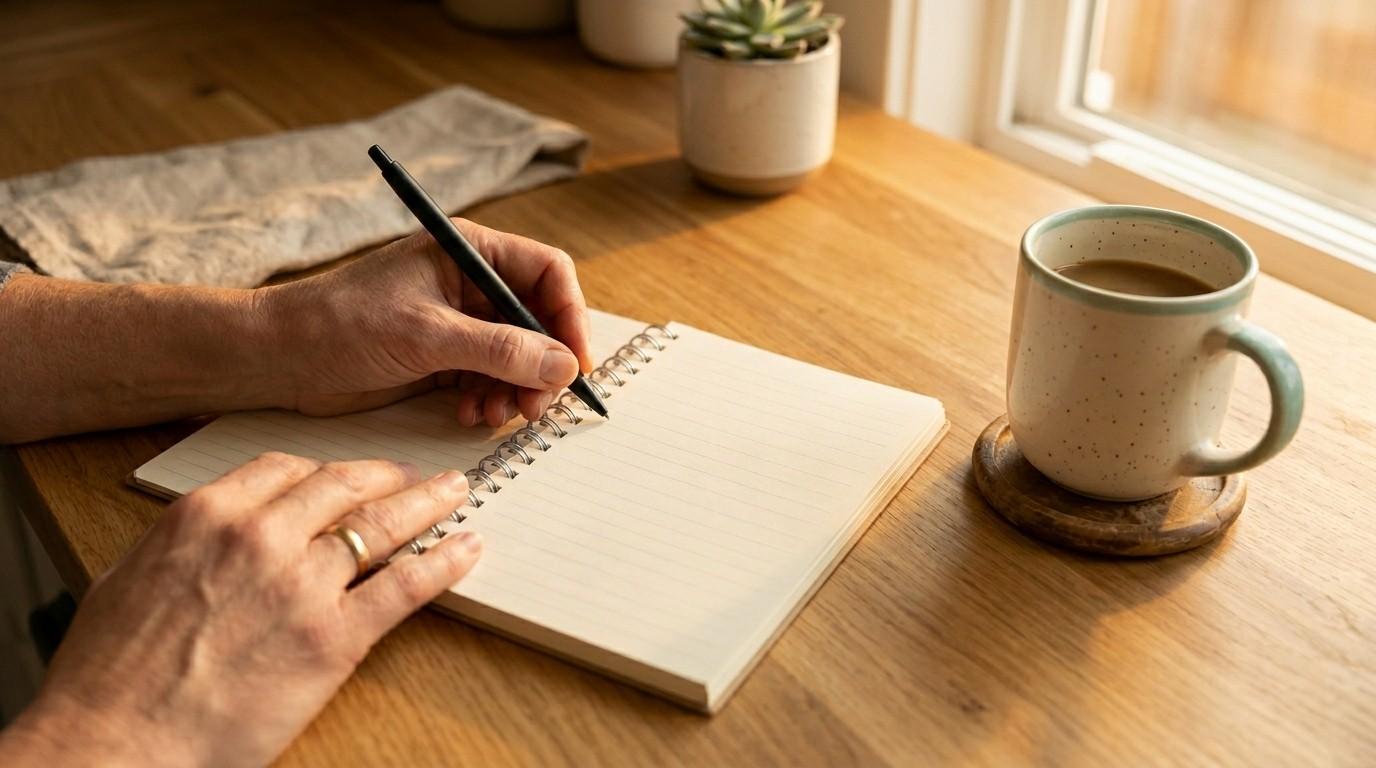 Focused view of a parent's hands writing brief script points in a neutral notebook on a sunlit kitchen table.