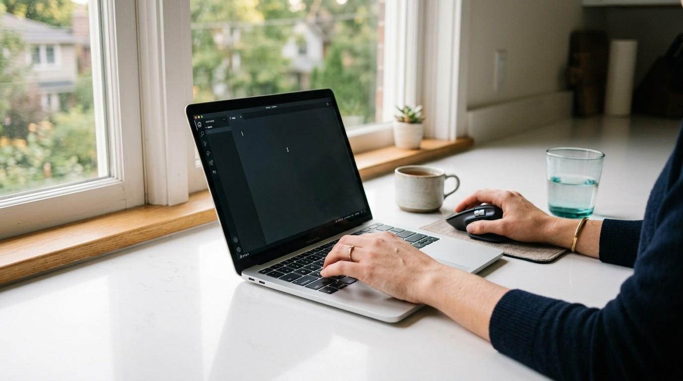 A parent's hands typing on a laptop near a glass of water on a kitchen counter in soft window light, representing how to create a brand kit in canva.