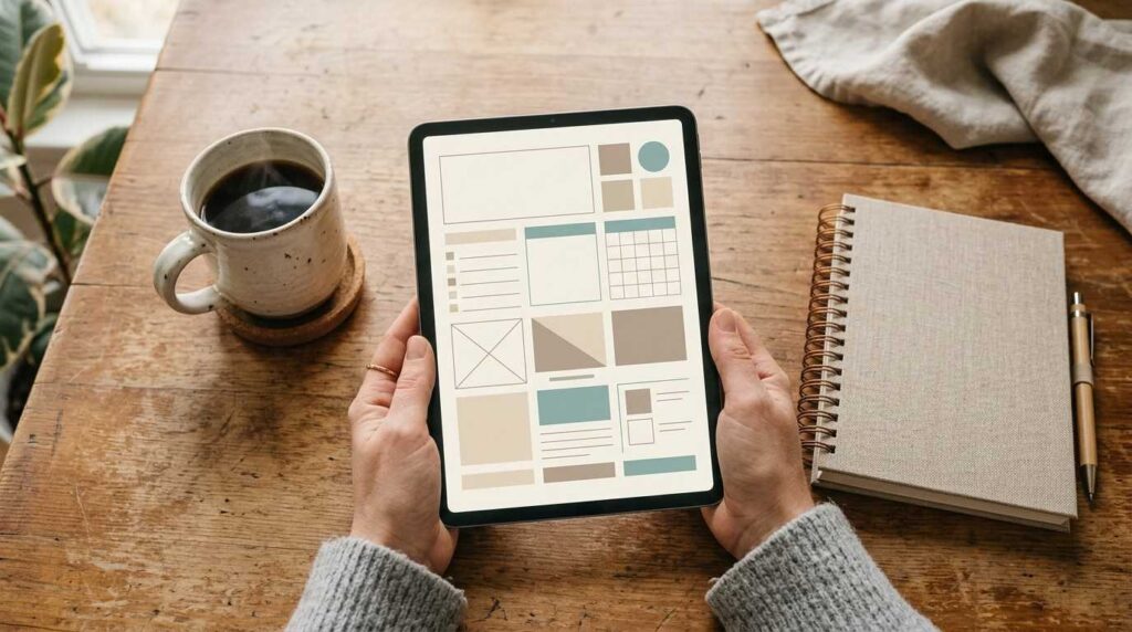 A parent's hands holding a tablet with a cohesive design grid on a sunlit kitchen table, representing an MRR business plan for beginners.