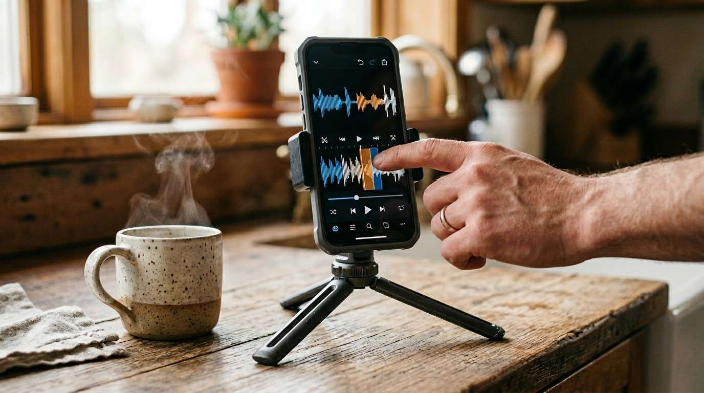 Focused view of a smartphone on a tripod being edited, symbolizing creating instagram digital products without showing face.