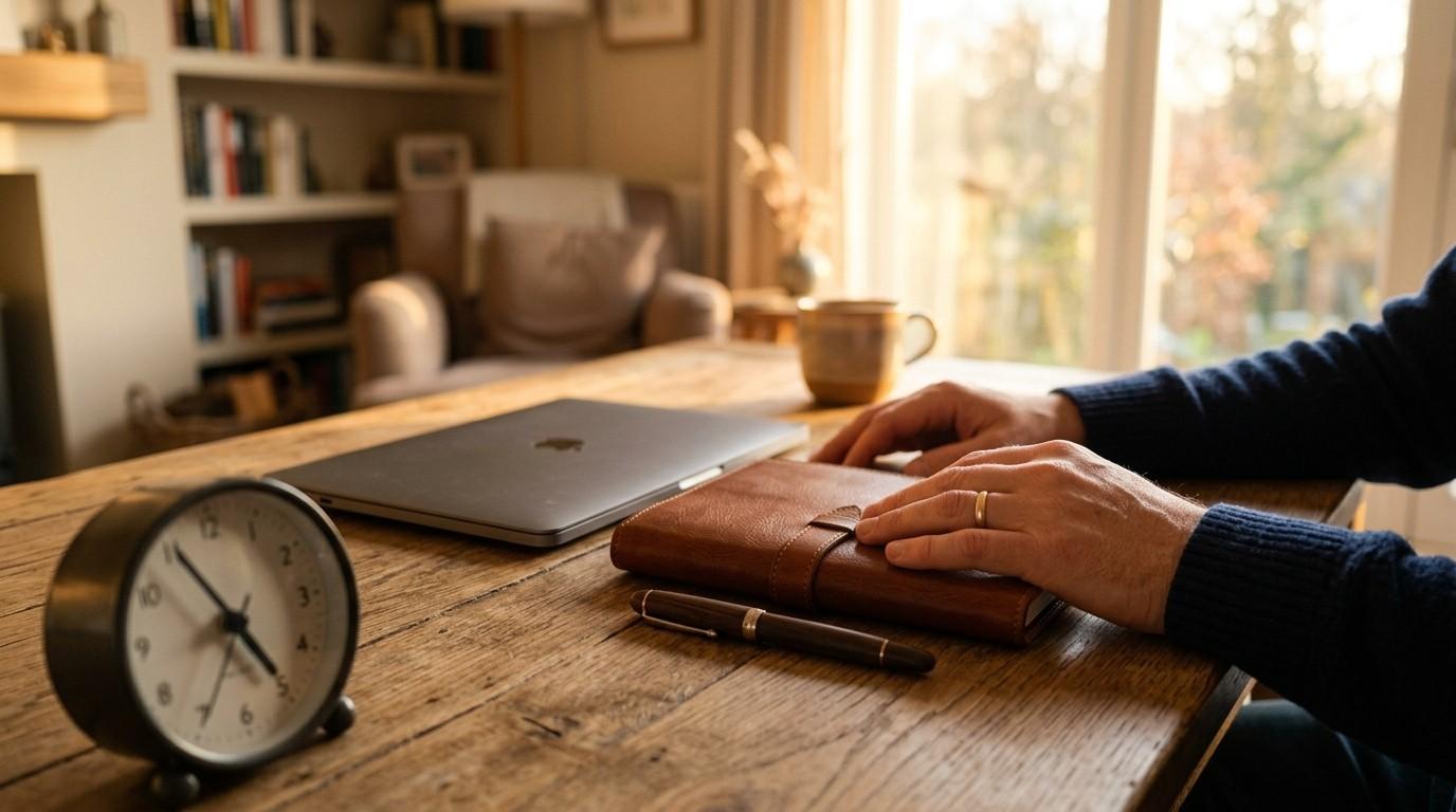Hands resting calmly near a planner, closed laptop, and a blurred analog clock in warm evening light.