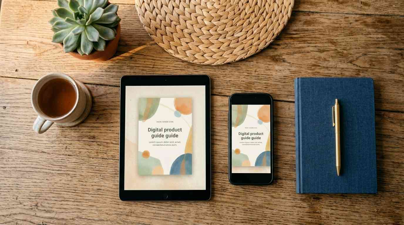 A tablet and smartphone side-by-side, each displaying different aspect ratios of the same unbranded digital product mockup.