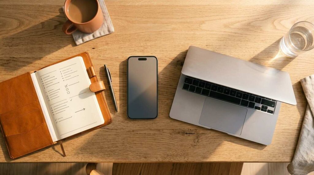 A streamlined top-down view of a smartphone, planner, and laptop on a sunlit kitchen table, symbolizing make money instagram faceless roadmap.
