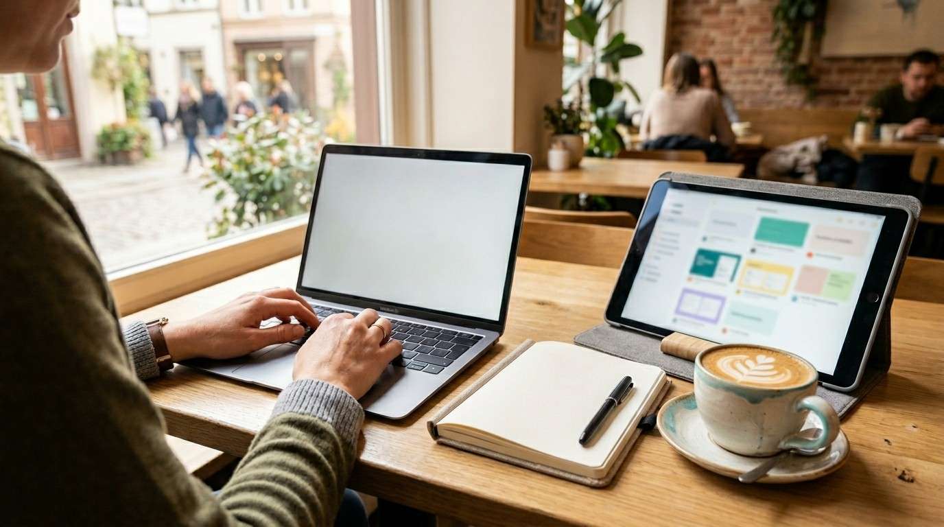A parent working on a laptop at a coffee shop with a tablet showing a content grid, illustrating a passive income instagram no face system.